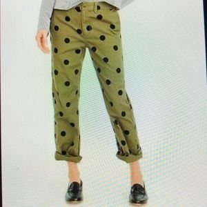 NWT JCrew Boyfriend Chino Army Green w polka dots